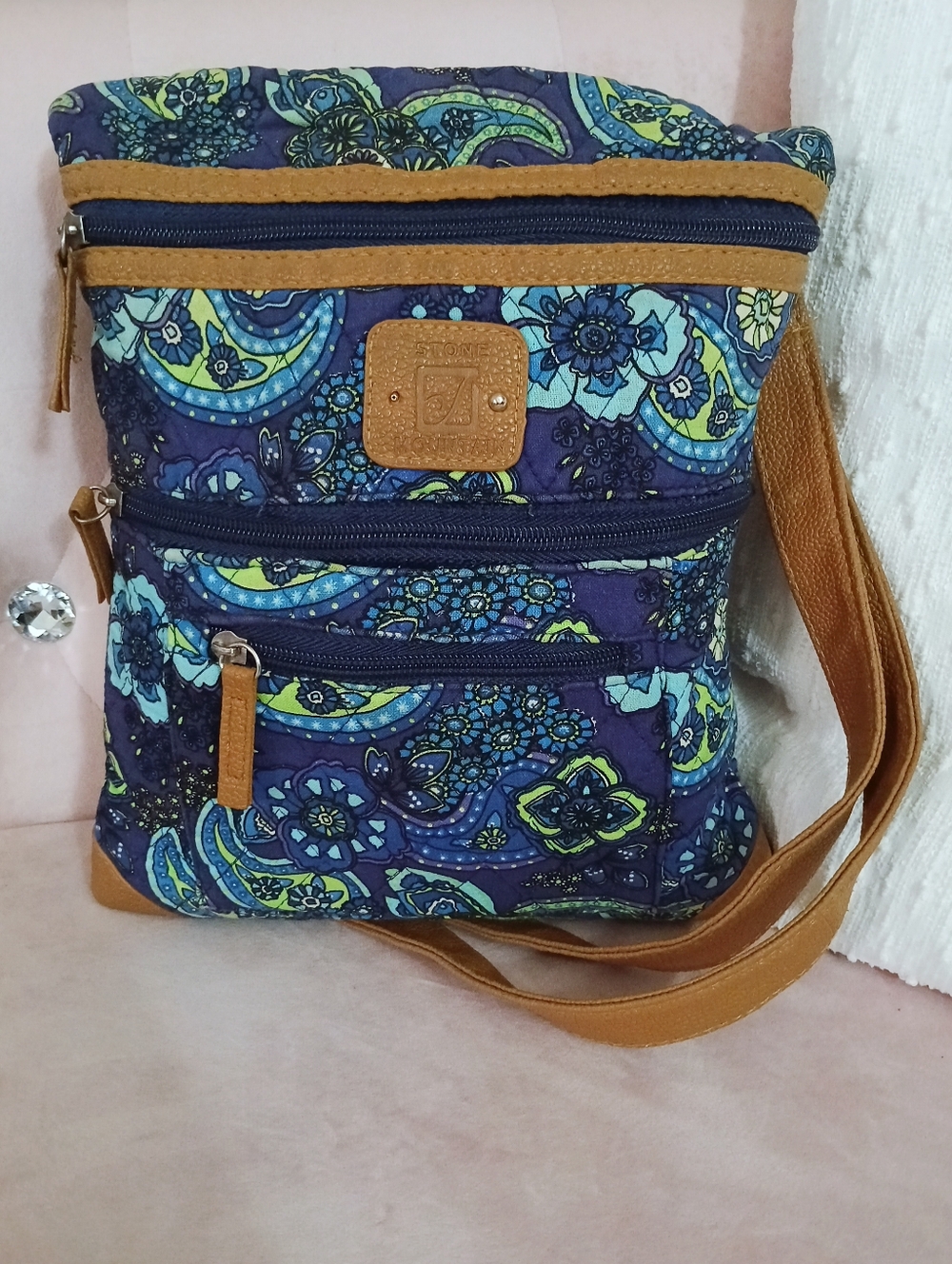 Stone Mountain Quilted Floral‎ Crossbody in Navy, Teal and Tan